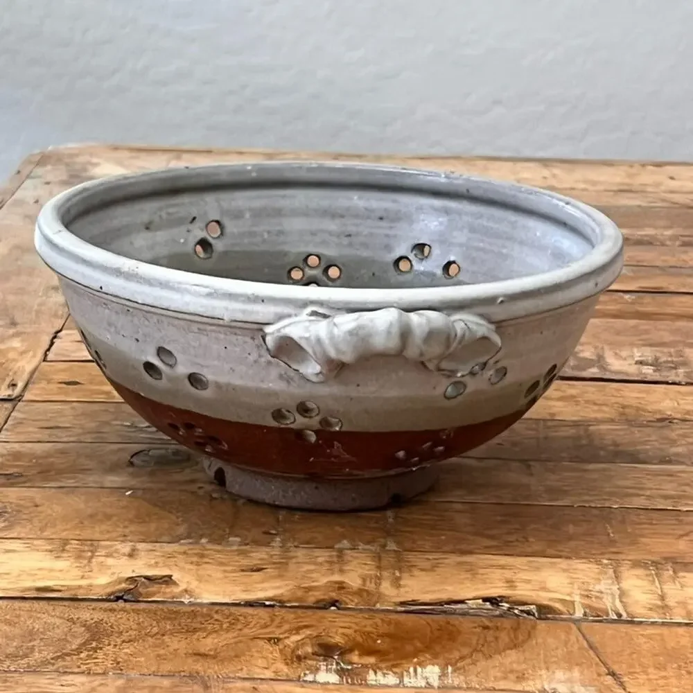 Art Studio Pottery Color Block Stoneware S Berry Bowl Colander 8.5" Handles - Picture 3 of 13